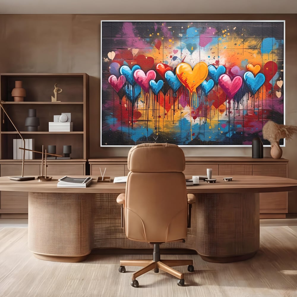 Tablou canvas cu tablou canvas cu inimi colorate, in rama de aluminiu argintiu, pe perete intr-un birou